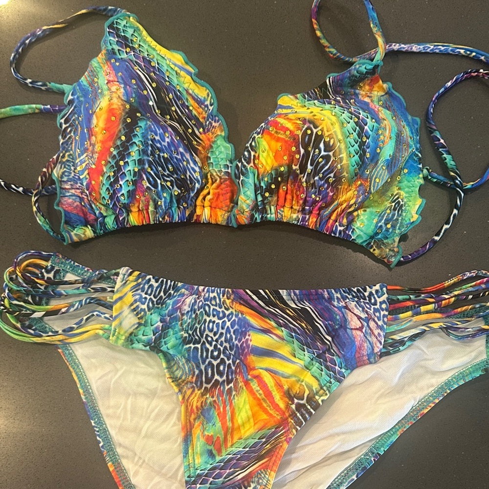 Luli Fama Vibrant Multi-Color Printed Bikini - Blue, Green, Yellow & Orange